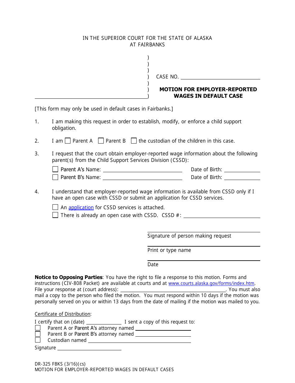Form DR-325 FBKS Motion for Employer-Reported Wages in Default Cases - CITY OF FAIRBANKS, Alaska, Page 1
