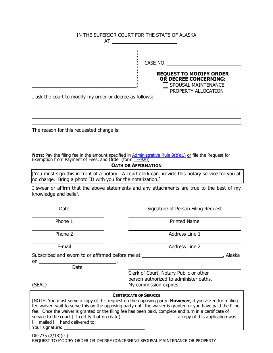 Form DR-735 Request to Modify Order or Decree Concerning Spousal Maintenance or Property Allocation - Alaska, Page 1