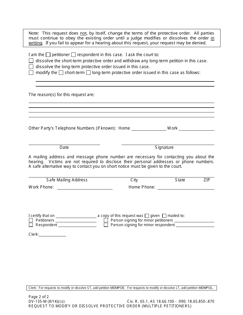 Form DV-135-M Request to Modify or Dissolve Protective Order (Multiple Petitioners) - Alaska, Page 2