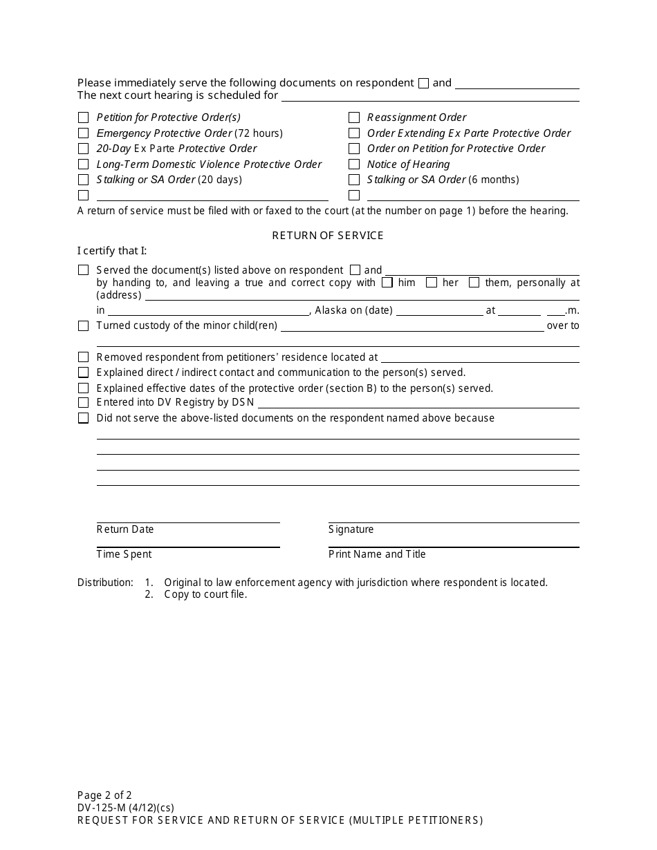 Form DV-125-M Request for Service and Peace Officers Return of Service (Multiple Petitioners) - Alaska, Page 2