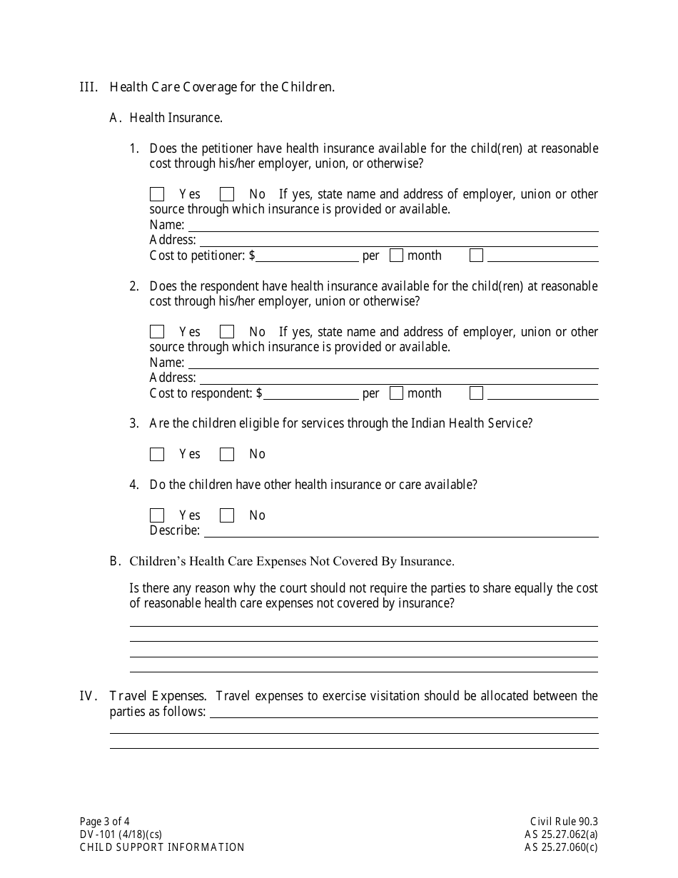 Form DV-101 Child Support Information - Alaska, Page 3