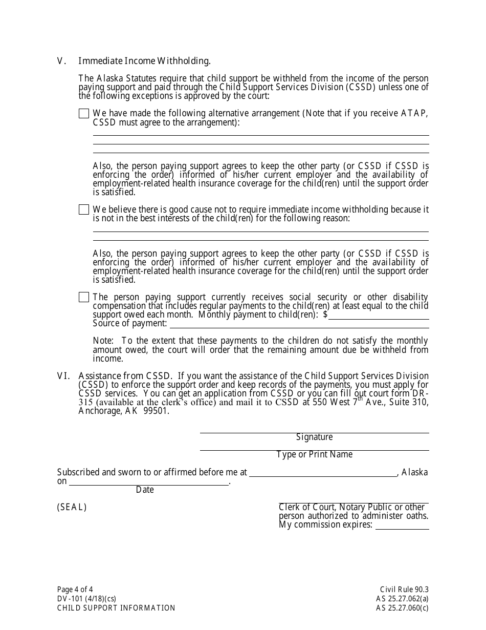 Form DV-101 Child Support Information - Alaska, Page 4