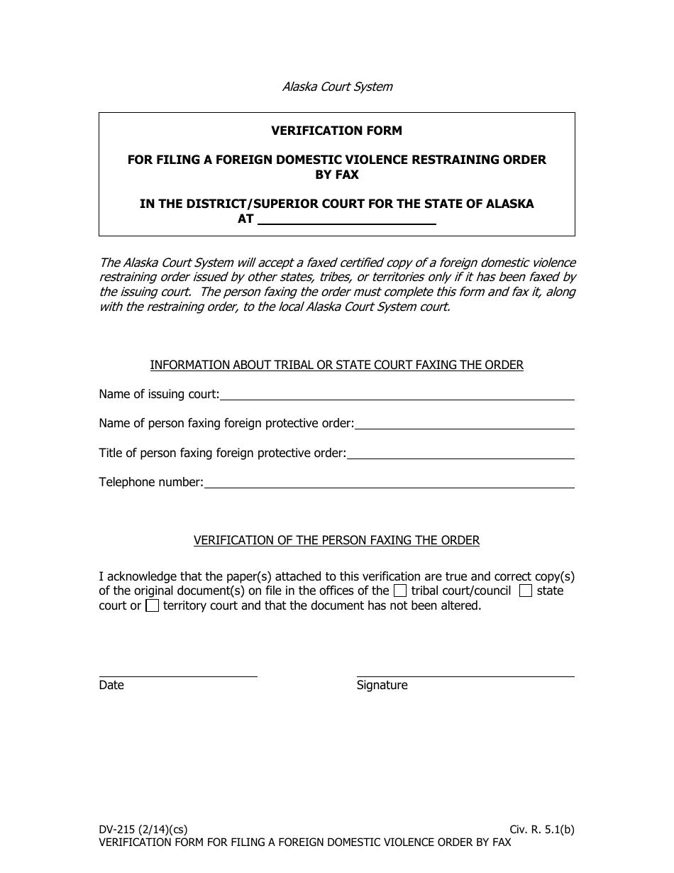 Form DV-215 Verification Form for Filing a Foreign Domestic Violence Restraining Order by Fax - Alaska, Page 1