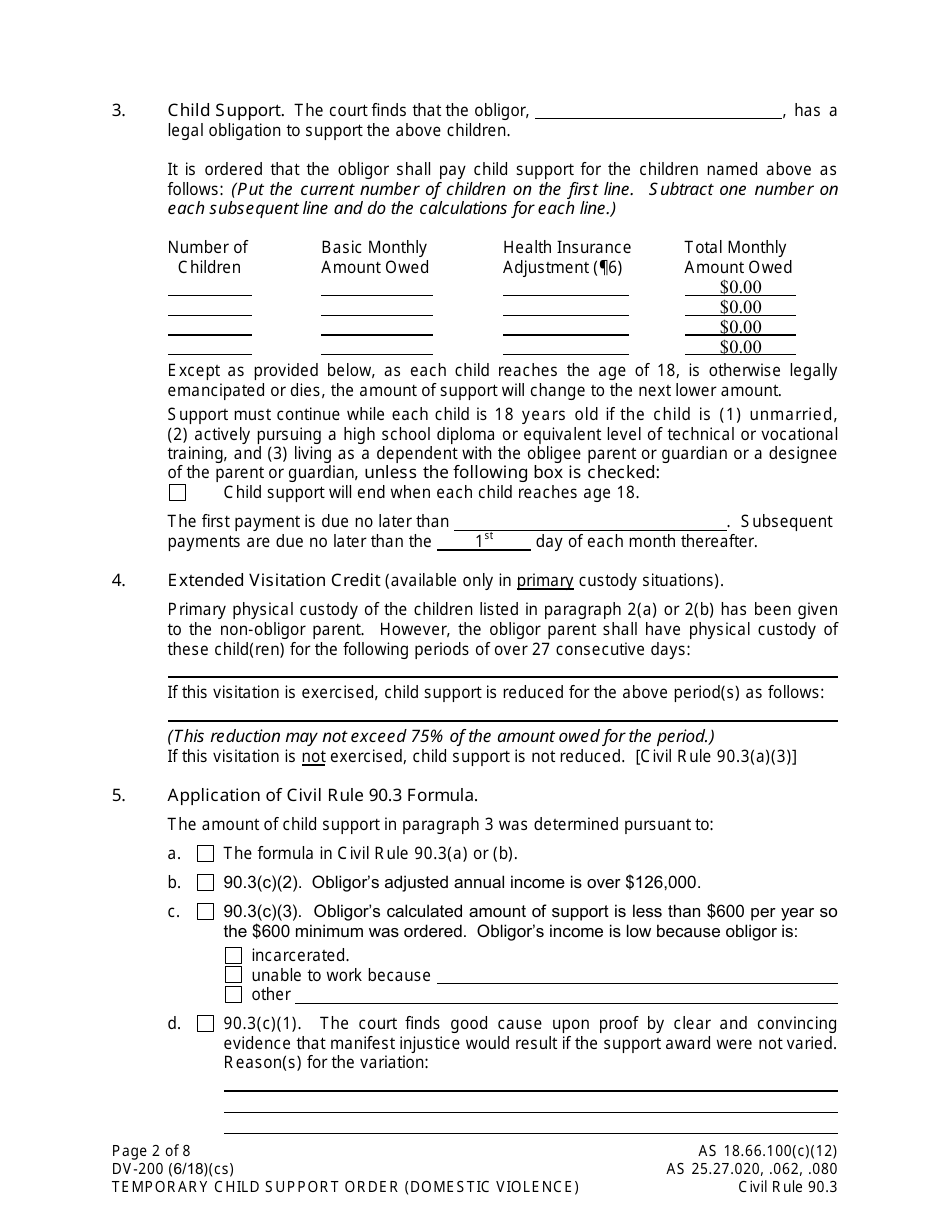 Form DV-200 Temporary Child Support Order -domestic Violence - Alaska, Page 2