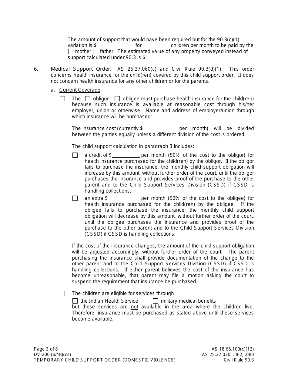 Form DV-200 Temporary Child Support Order -domestic Violence - Alaska, Page 3