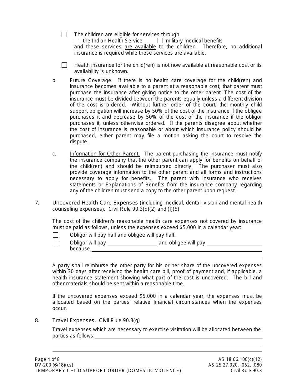 Form DV-200 Temporary Child Support Order -domestic Violence - Alaska, Page 4