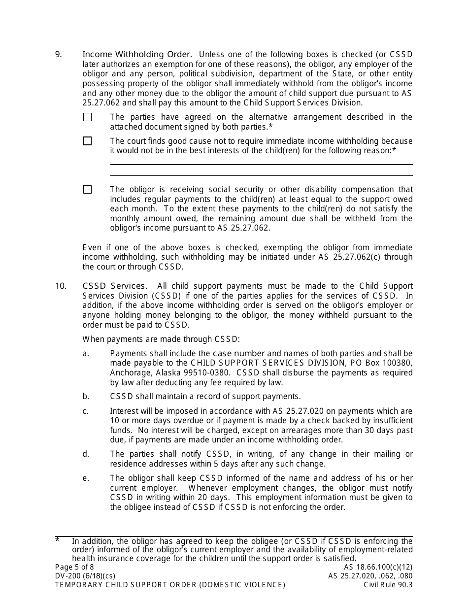 Form DV-200 Temporary Child Support Order -domestic Violence - Alaska, Page 5