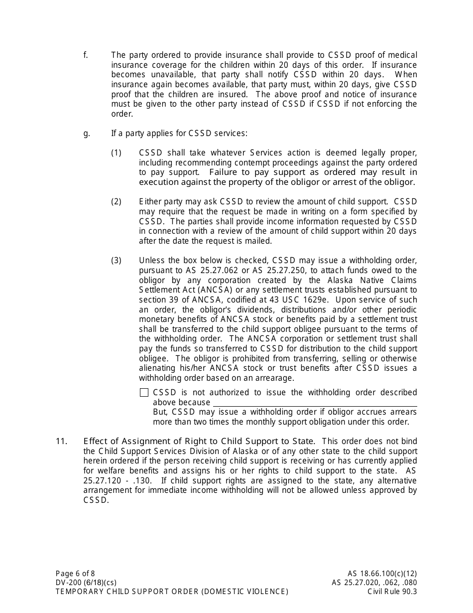 Form DV-200 Temporary Child Support Order -domestic Violence - Alaska, Page 6