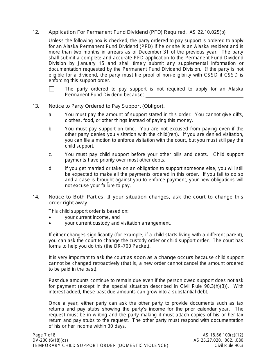 Form DV-200 Temporary Child Support Order -domestic Violence - Alaska, Page 7