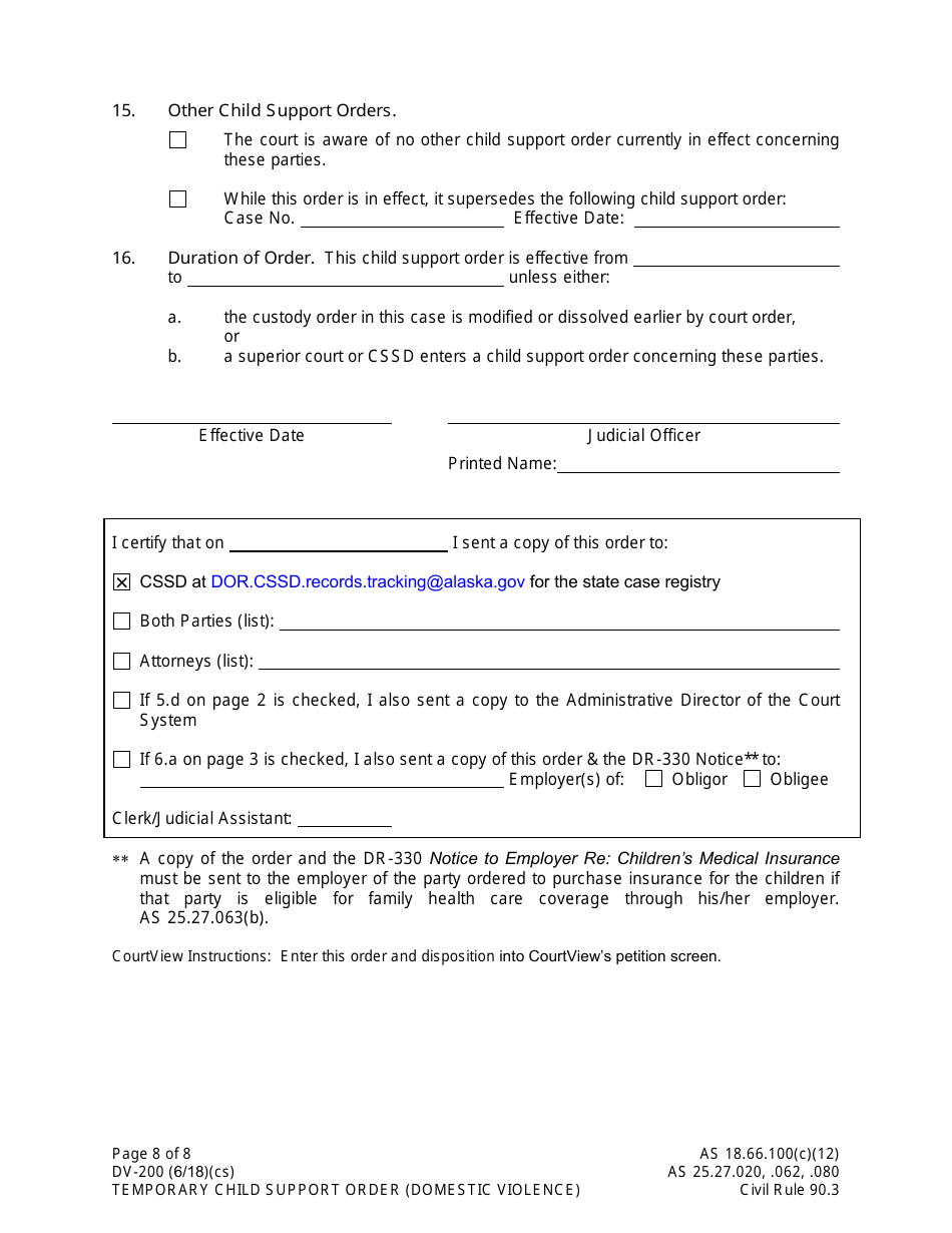 Form DV-200 Temporary Child Support Order -domestic Violence - Alaska, Page 8