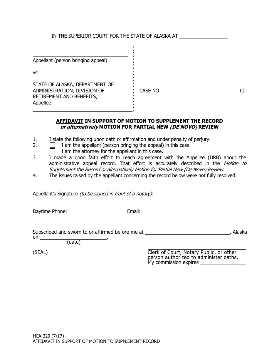 Form HCA-320 Affidavit in Support of Motion to Supplement the Record or Alternatively Motion for Partial New (De Novo) Review - Alaska, Page 1