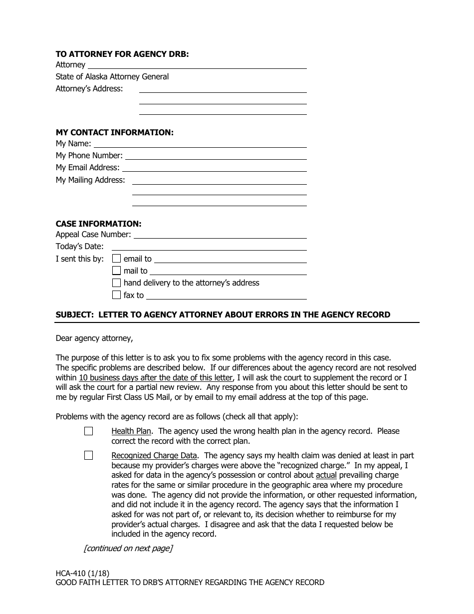 Form HCA-410 Letter to Agency Attorney About Errors in the Agency Record - Alaska, Page 1
