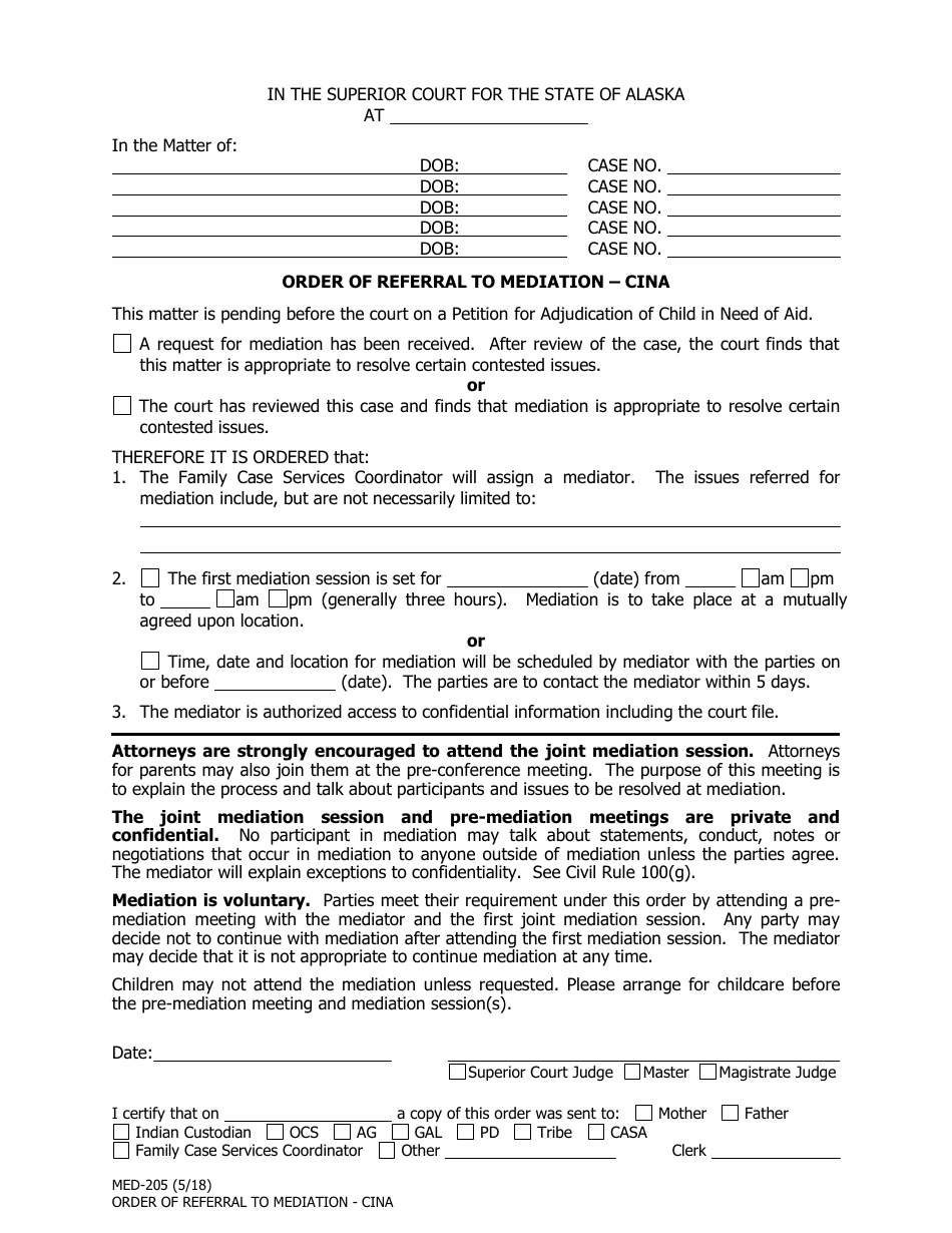 Form MED-205 Order of Referral to Mediation - Cina - Alaska, Page 1