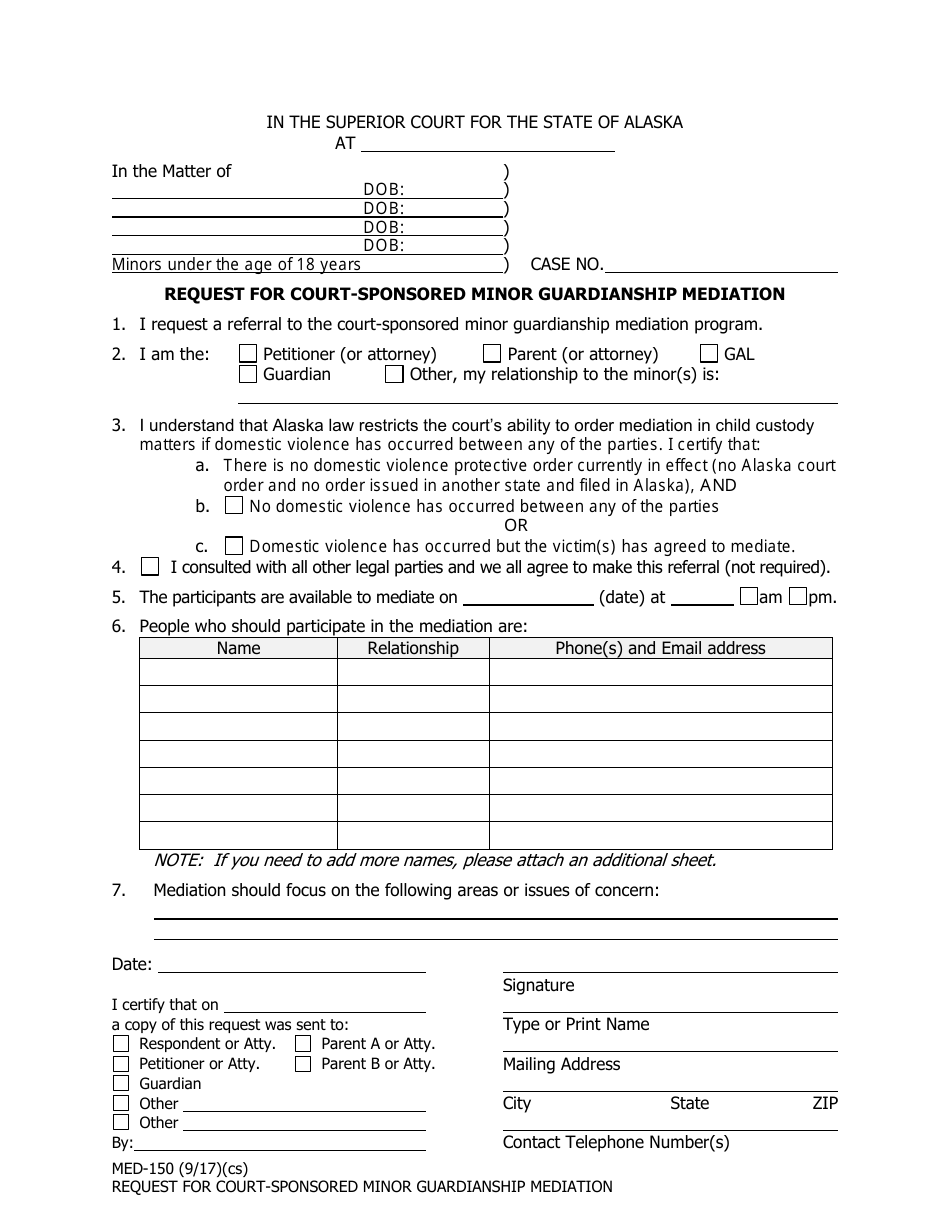 Form MED-150 Request for Court-Sponsored Minor Guardianship Mediation - Alaska, Page 1