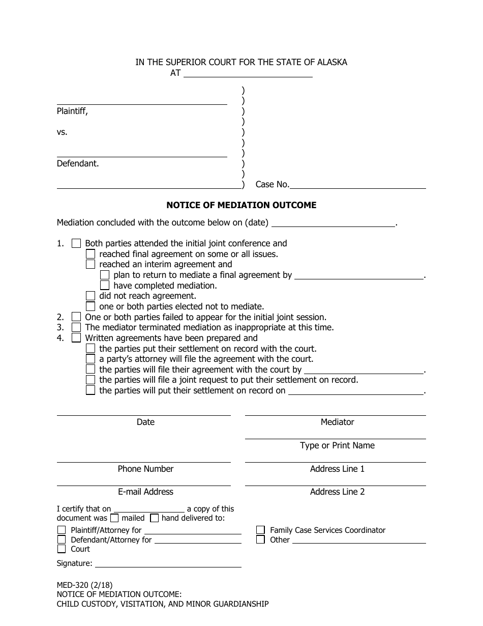 Form MED-320 Notice of Mediation Outcome: Child Custody, Visitation, and Minor Guardianship - Alaska, Page 1