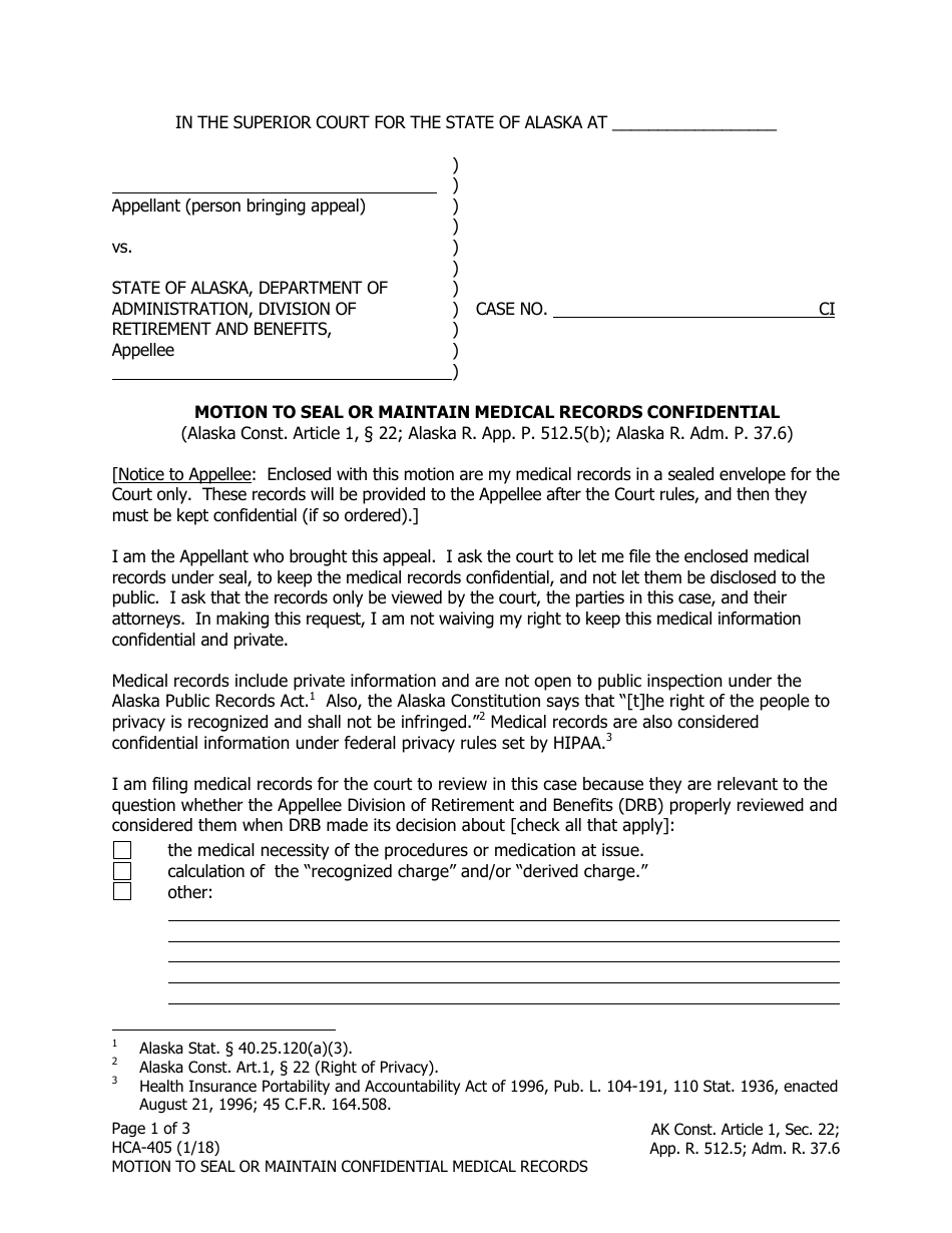 Form HCA-405 Motion to Seal or Maintain Confidential Medical Records - Alaska, Page 1
