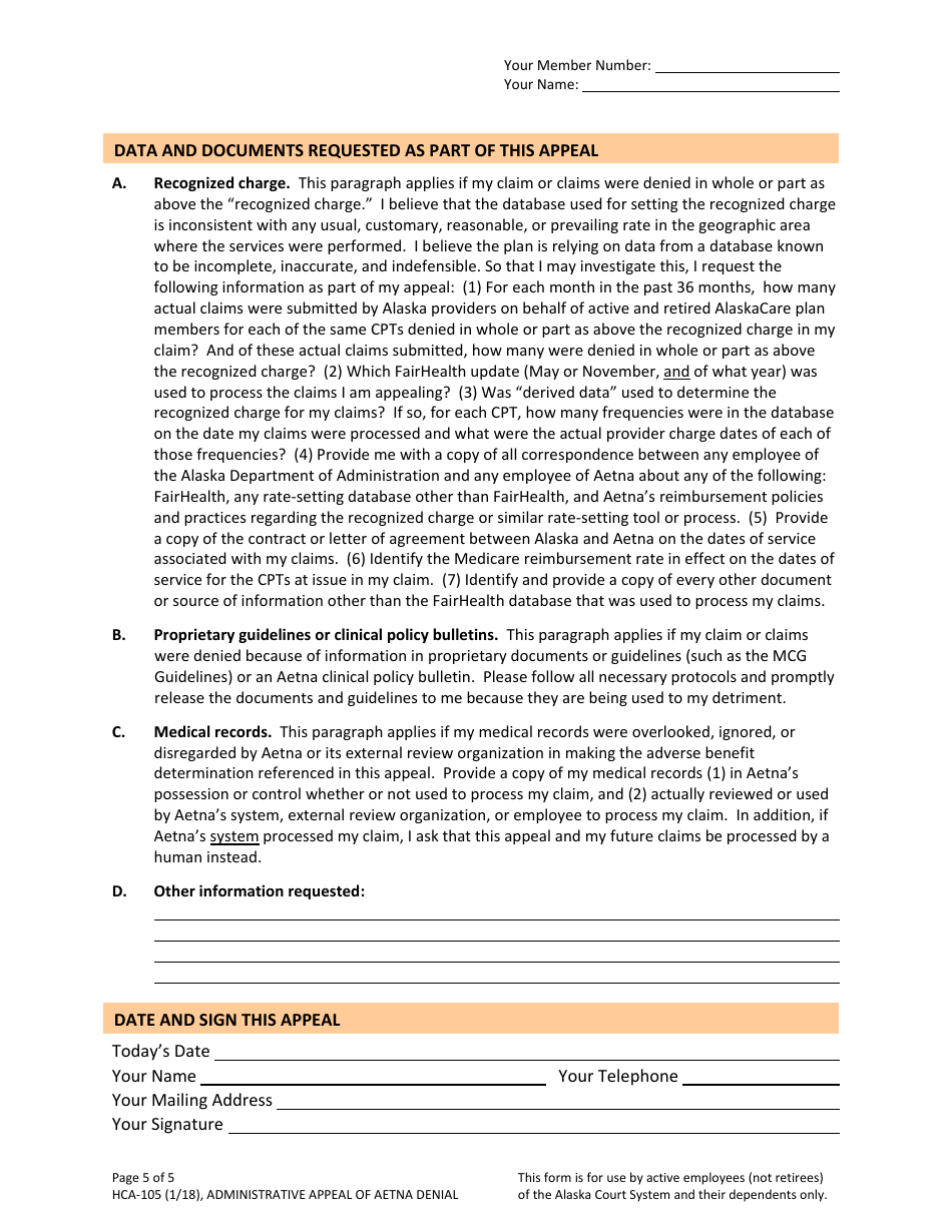Form HCA-105 Appeal of Health Claim or Precertification Denial by Aetna - Alaska, Page 5
