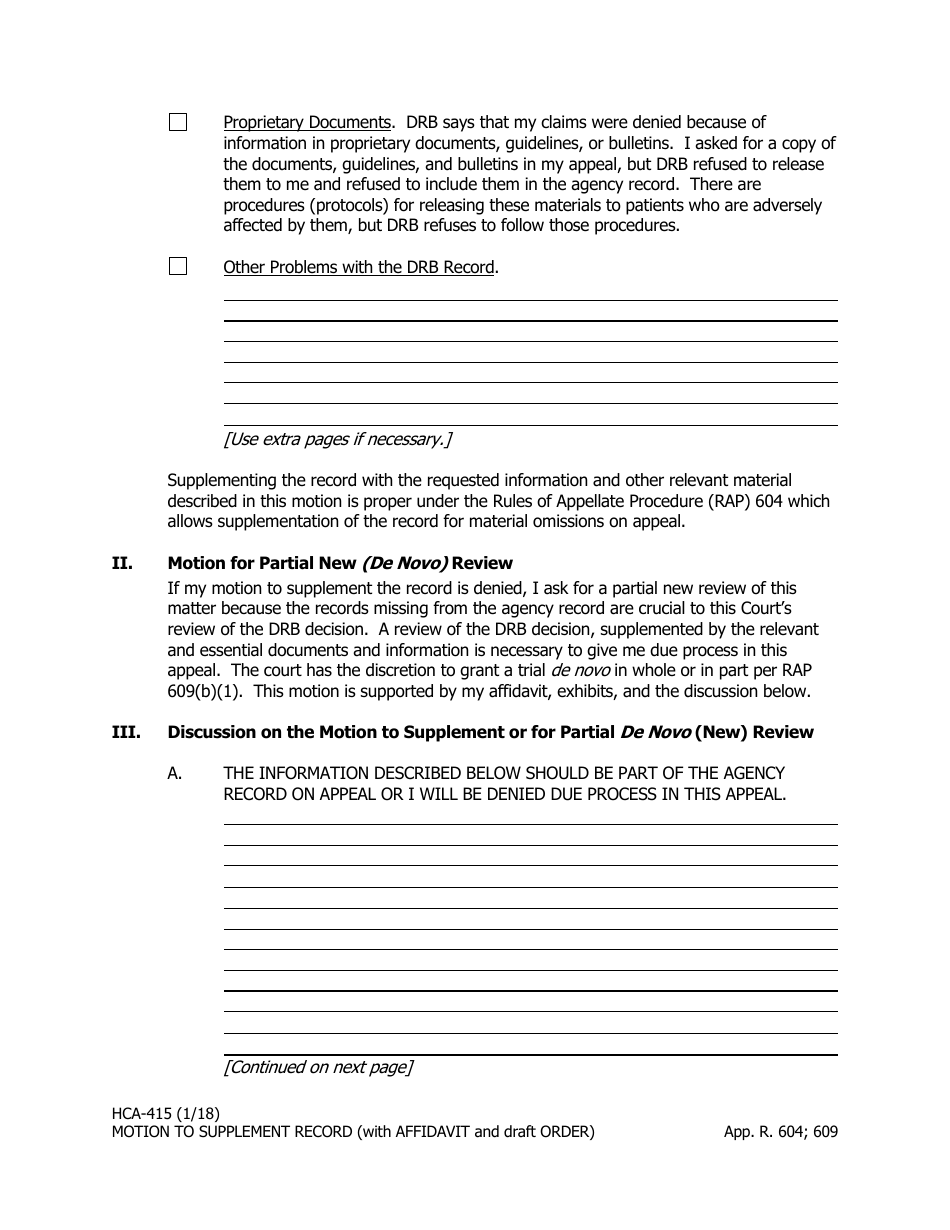 Form HCA-415 Motion to Supplement the Record or Alternatively Motion for Partial New (De Novo) Review (With Affidavit and Draft Order) - Alaska, Page 2