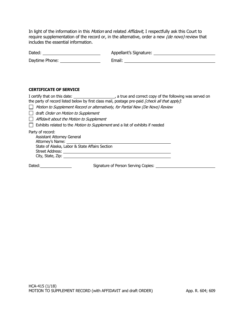Form HCA-415 Motion to Supplement the Record or Alternatively Motion for Partial New (De Novo) Review (With Affidavit and Draft Order) - Alaska, Page 4