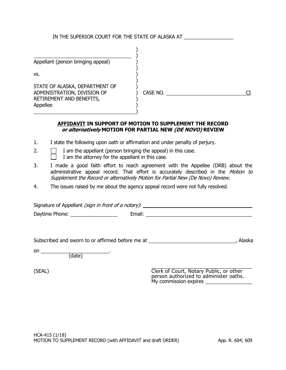 Form HCA-415 Motion to Supplement the Record or Alternatively Motion for Partial New (De Novo) Review (With Affidavit and Draft Order) - Alaska, Page 5