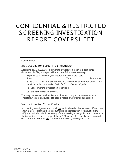 Form MC-301 Screening Investigation Report Coversheet - Alaska