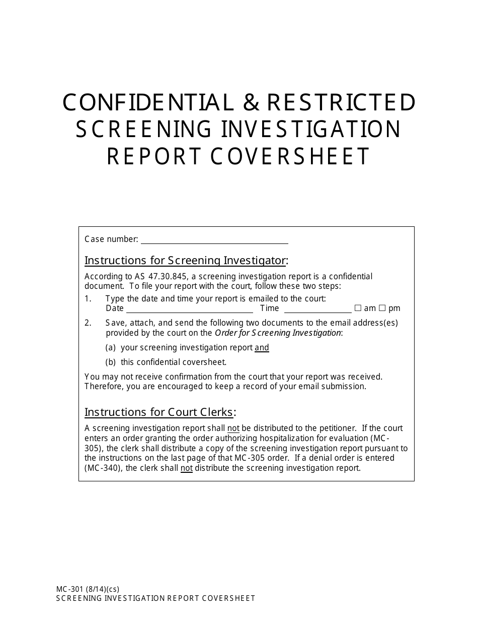 Form MC-301 Screening Investigation Report Coversheet - Alaska, Page 1