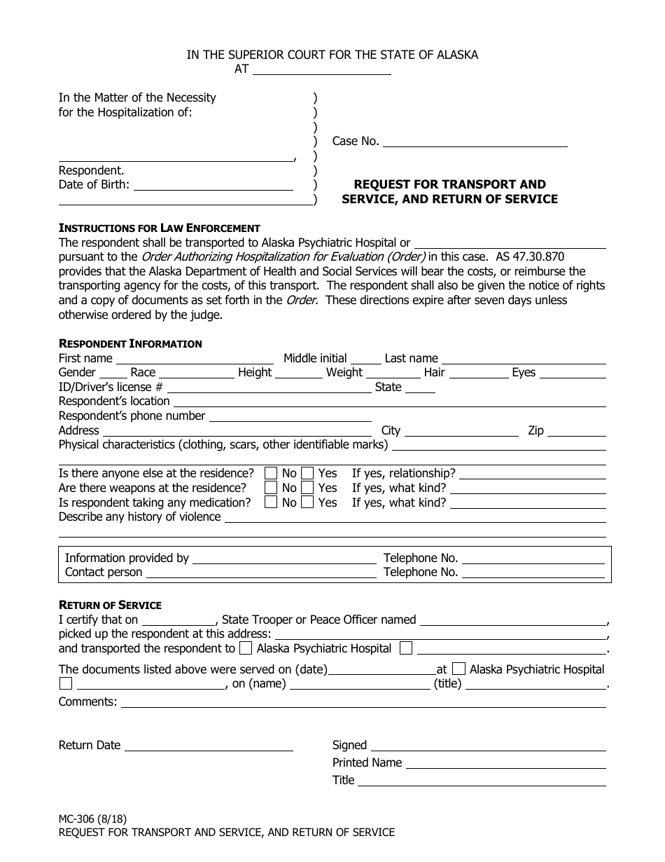 Form MC-306 Request for Transport and Service, and Return of Service - Alaska, Page 1