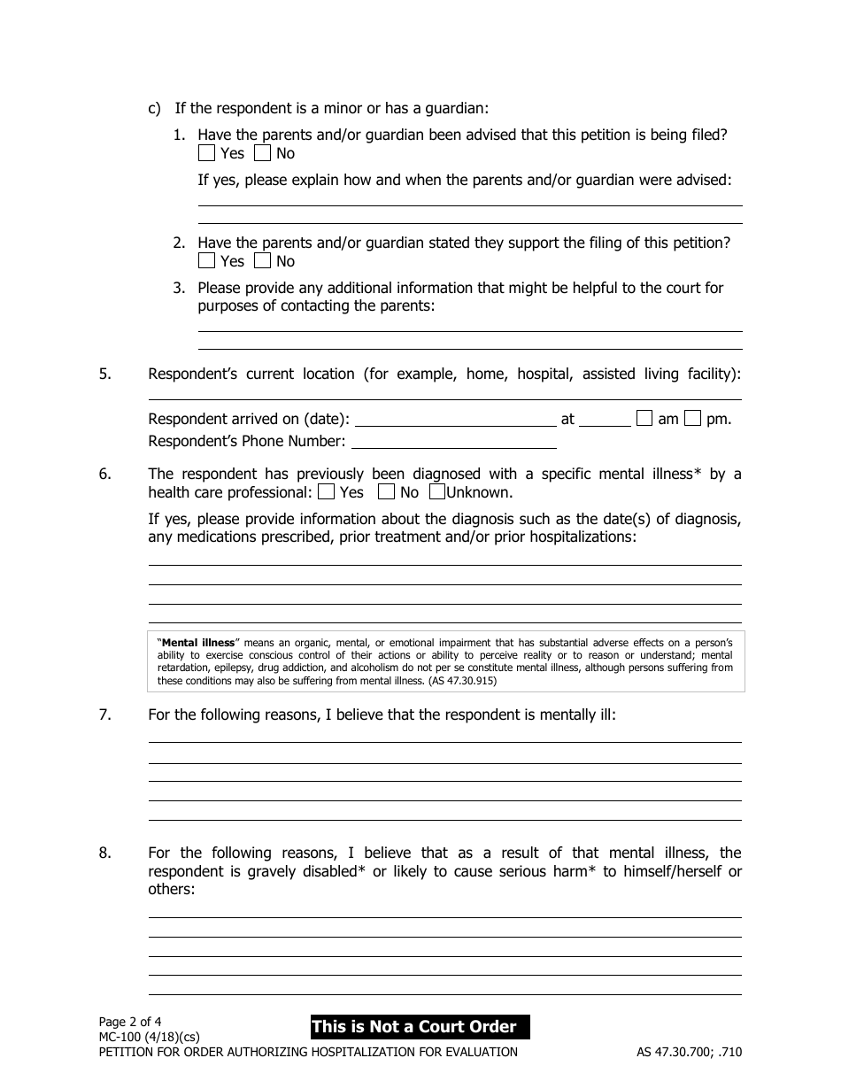 Form MC-100 Petition for Order Authorizing Hospitalization for Evaluation - Alaska, Page 2