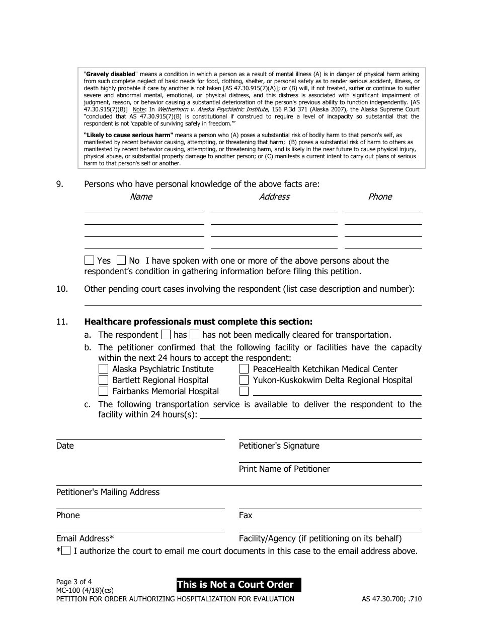 Form MC-100 Petition for Order Authorizing Hospitalization for Evaluation - Alaska, Page 3