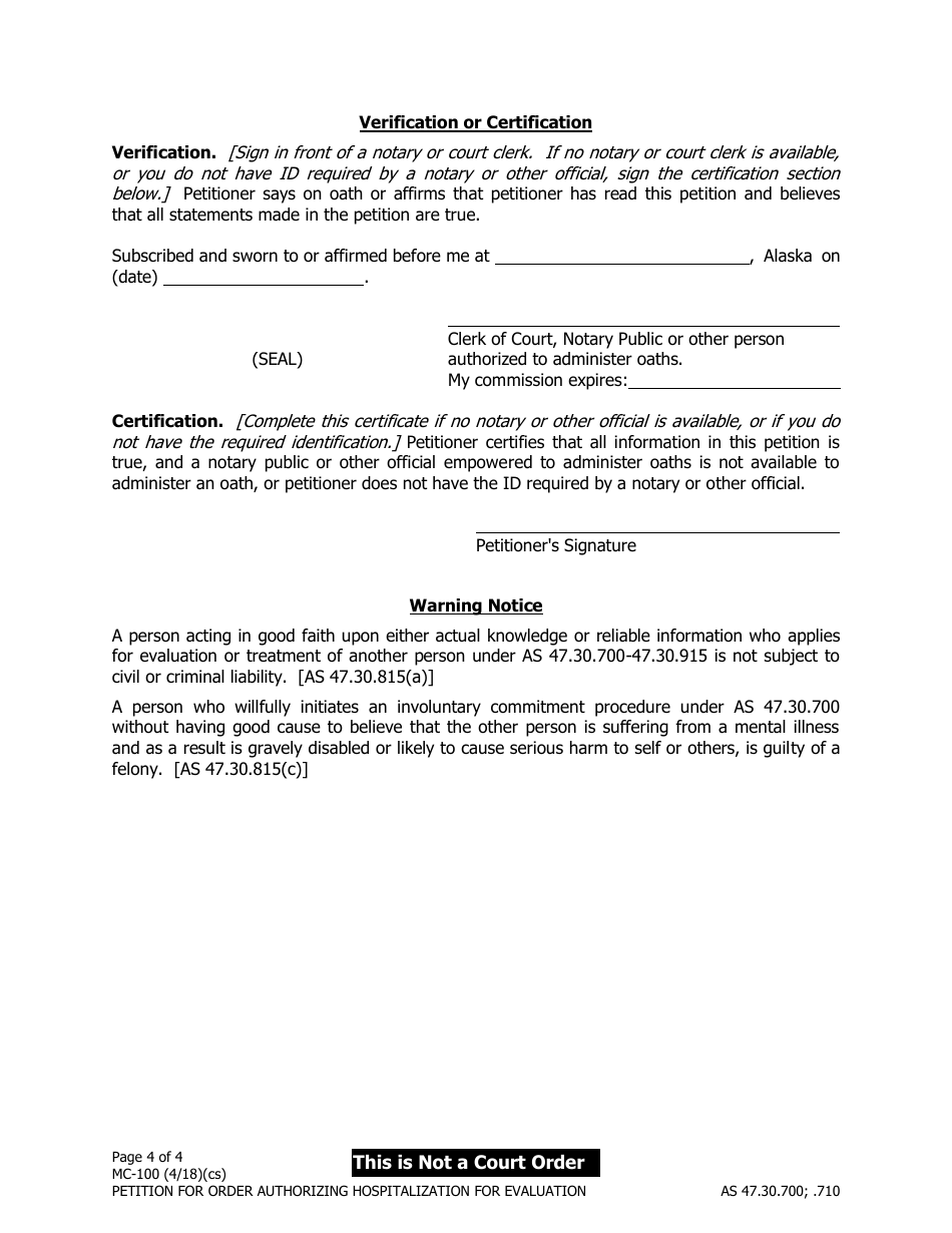 Form MC-100 Petition for Order Authorizing Hospitalization for Evaluation - Alaska, Page 4