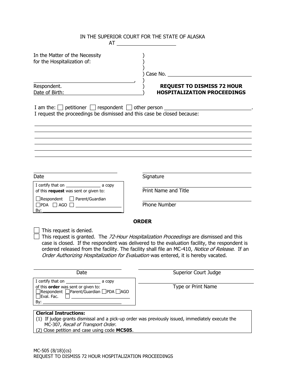 Form MC-505 Request to Dismiss 72 Hour Hospitalization Proceedings - Alaska, Page 1