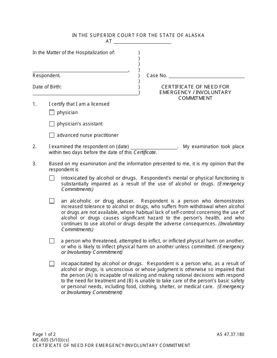 Form MC-605 Certificate of Need for Emergency / Involuntary Commitment - Alaska, Page 1