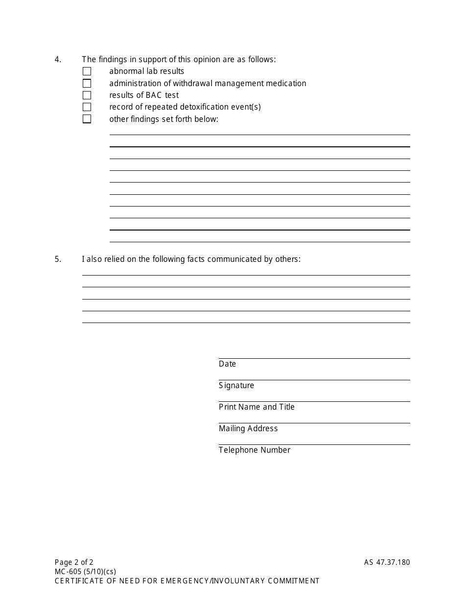 Form MC-605 Certificate of Need for Emergency / Involuntary Commitment - Alaska, Page 2