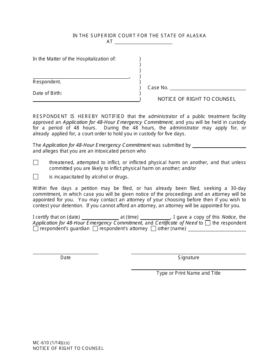 Form MC-610 Notice of Right to Counsel - Alaska, Page 1