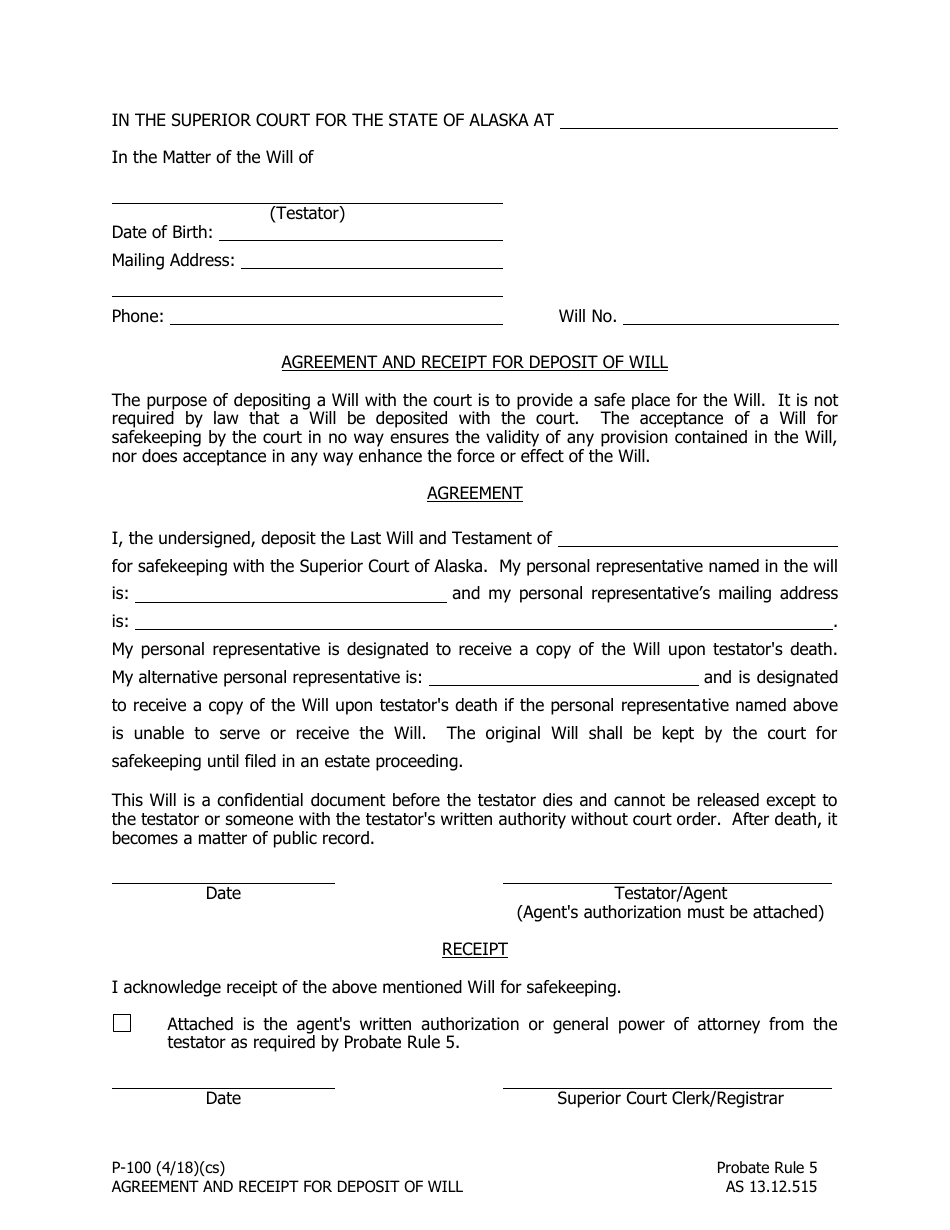 Form P-100 Agreement and Receipt for Deposit of Will - Alaska, Page 1