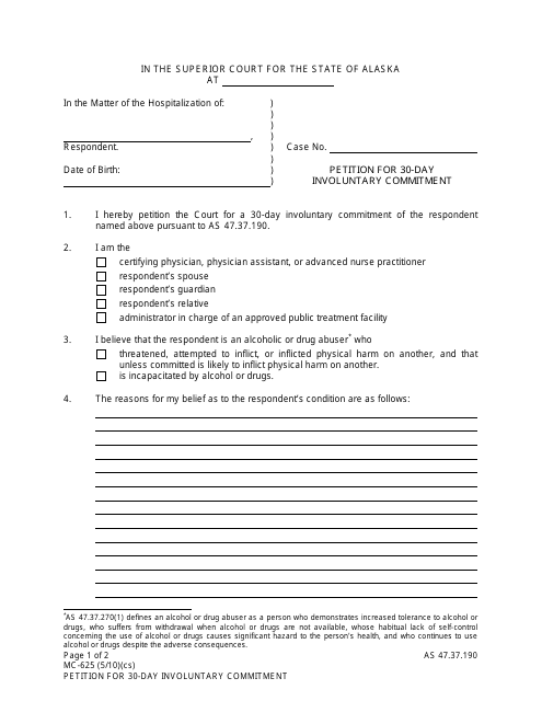 Form MC-625 Petition for 30-day Involuntary Commitment - Alaska