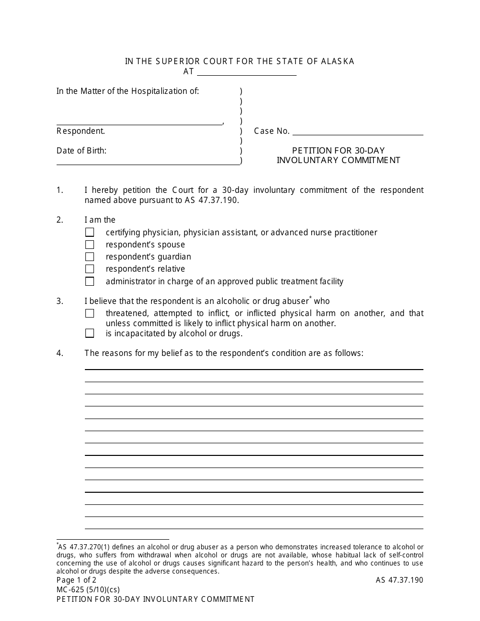Form MC-625 Petition for 30-day Involuntary Commitment - Alaska, Page 1