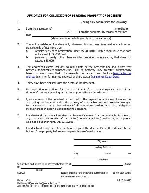 Form P-110 Affidavit for Collection of Personal Property of Decedent - Alaska