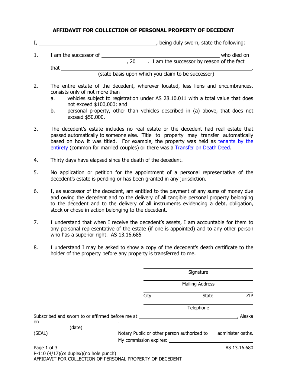 Form P-110 Affidavit for Collection of Personal Property of Decedent - Alaska, Page 1