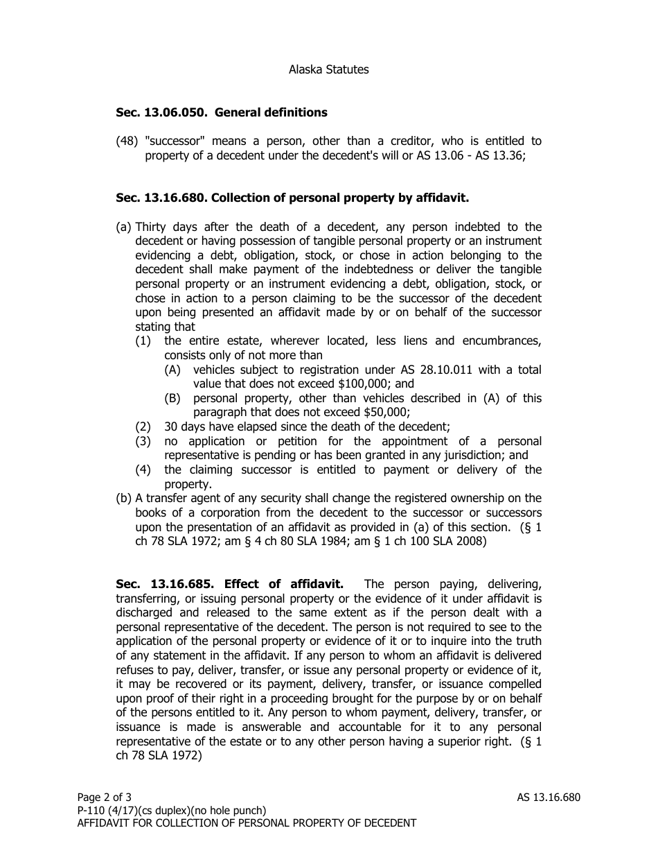 Form P-110 Affidavit for Collection of Personal Property of Decedent - Alaska, Page 2