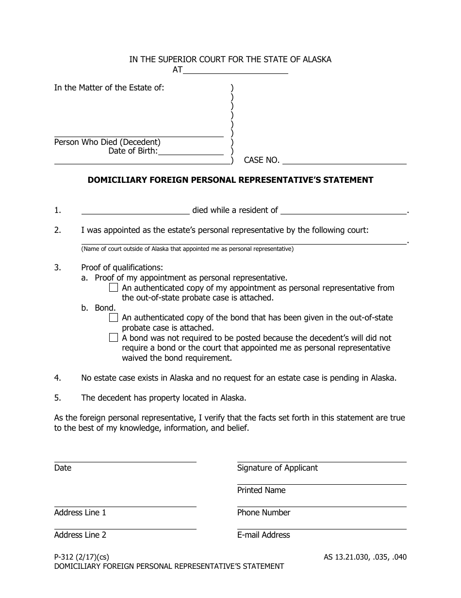 Form P-312 Domiciliary Foreign Personal Representatives Statement - Alaska, Page 1