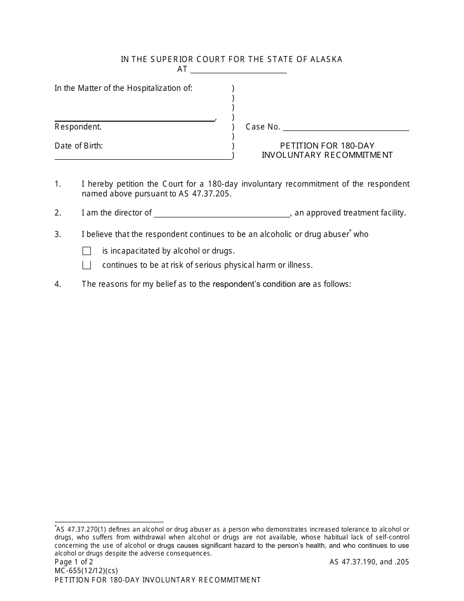 Form MC-655 Petition for 180-day Involuntary Recommitment - Alaska, Page 1