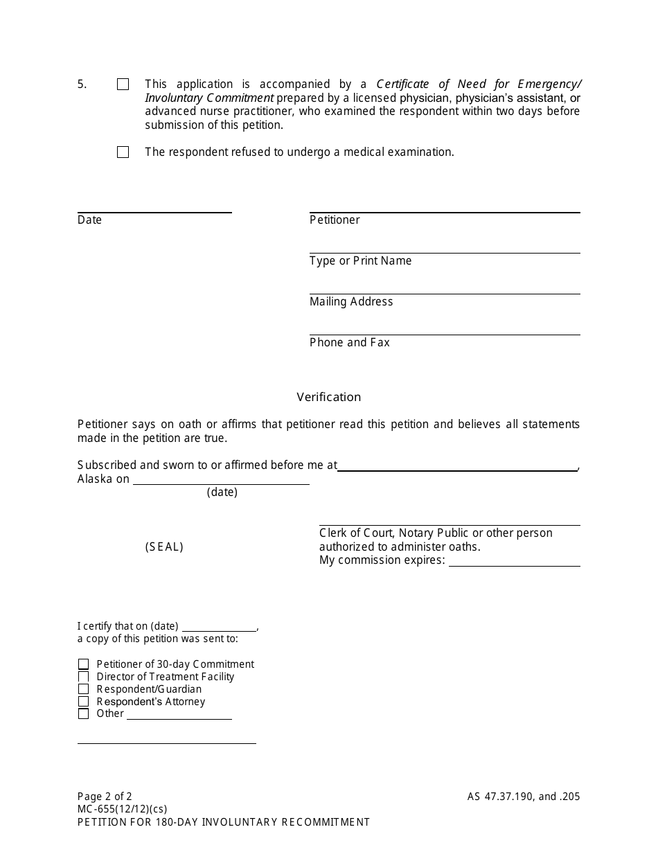 Form MC-655 Petition for 180-day Involuntary Recommitment - Alaska, Page 2