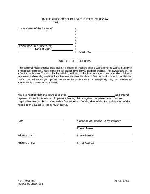 Form P-341 Notice to Creditors - Alaska