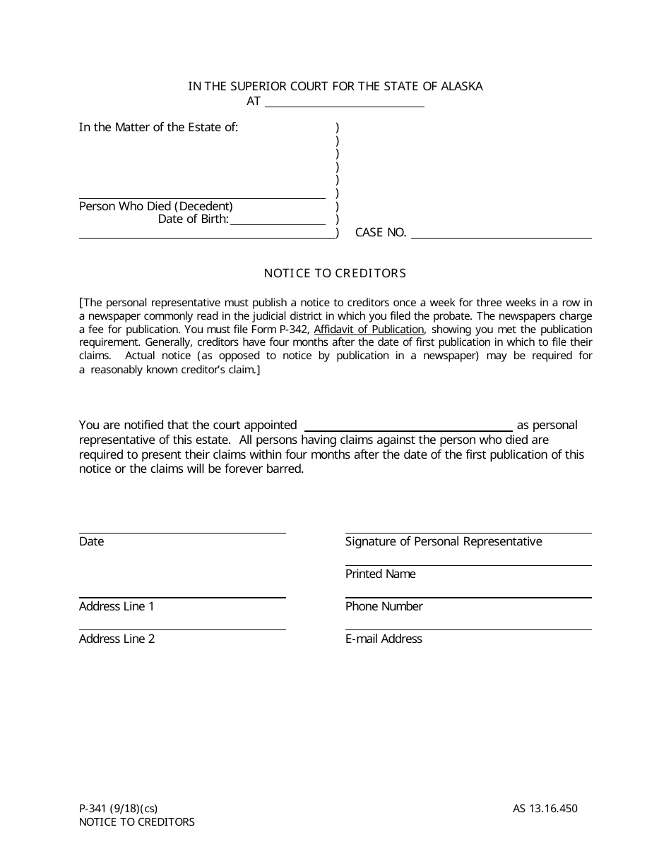 Form P-341 Notice to Creditors - Alaska, Page 1