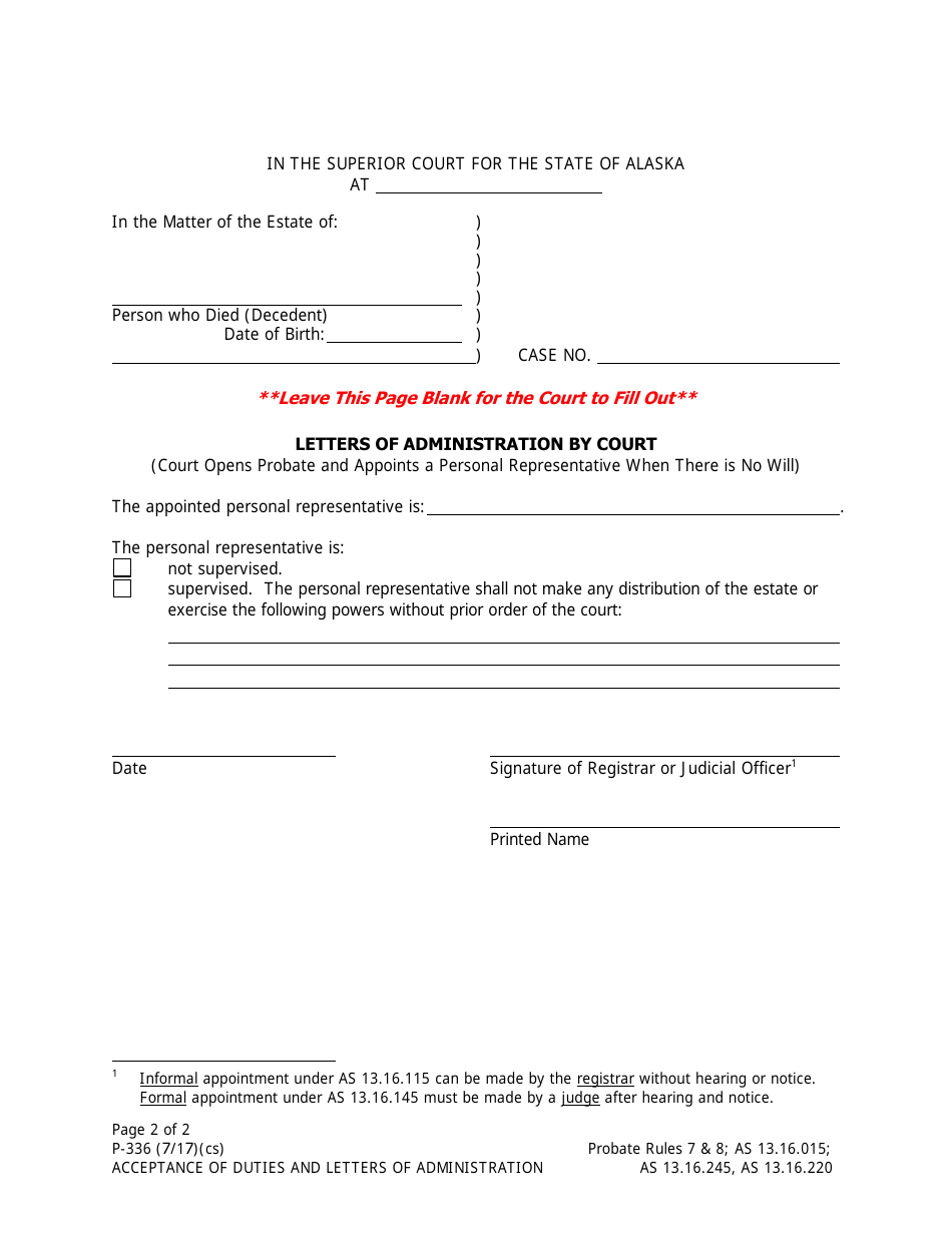 Form P-336 Acceptance of Duties and Letters of Administration - Alaska, Page 2