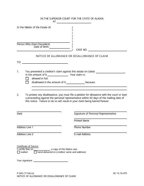 Form P-345 Notice of Allowance or Disallowance of Claim - Alaska