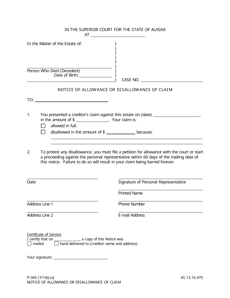 Form P-345 Notice of Allowance or Disallowance of Claim - Alaska, Page 1