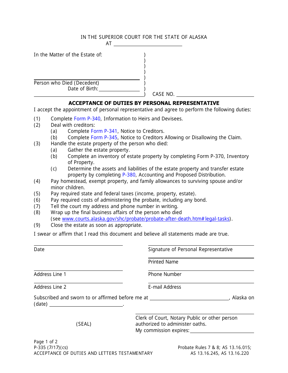Form P-335 Acceptance of Duties and Letters Testamentary - Alaska, Page 1