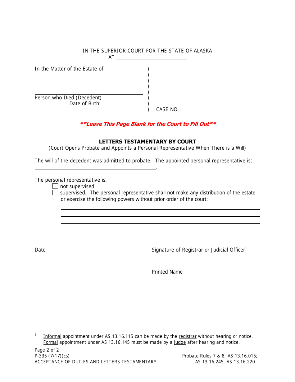 Form P-335 Acceptance of Duties and Letters Testamentary - Alaska, Page 2
